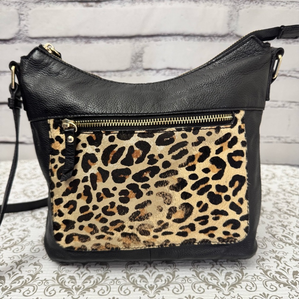 Steven by Steve Madden Leather Leopard Haircalf‎ Crossbody Bag Black Gold Zip